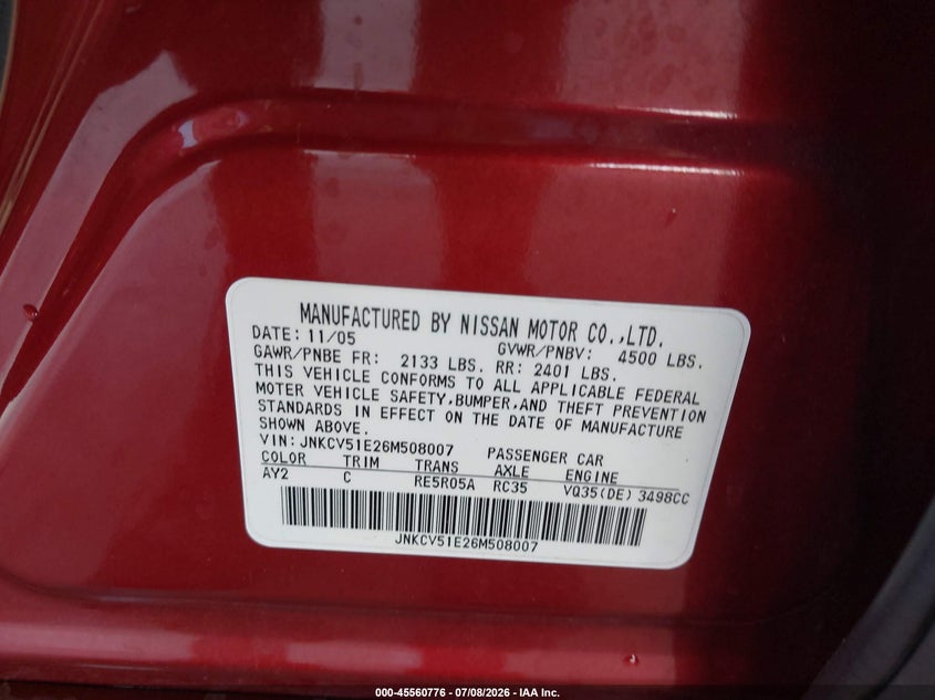 2006 Infiniti G35 VIN JNKCV51E26M508007 IAAI salvage auction — SIDE, Rebuildable (Florida), sold $750 on 2026-08-02 (photo 9)