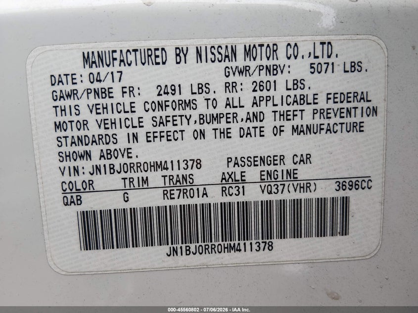 2017 Infiniti Qx50 VIN JN1BJ0RR0HM411378 IAAI salvage auction — RIGHT FRONT, Salvage (New Jersey), sold $1,850 on 2026-07-30 (photo 9)