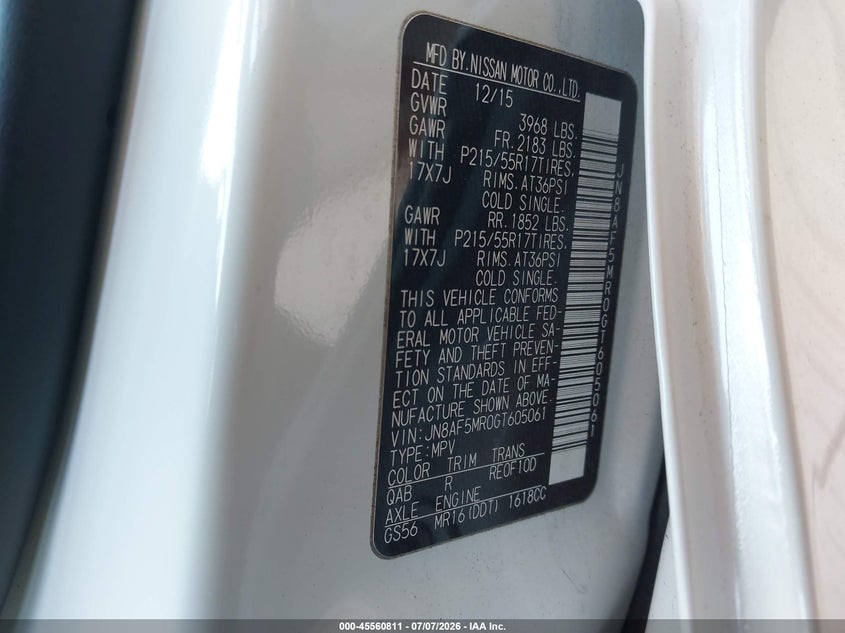 2016 Nissan Juke VIN JN8AF5MR0GT605061 IAAI salvage auction — REAR END, Salvage (California), sold $450 on 2026-07-30 (photo 9)