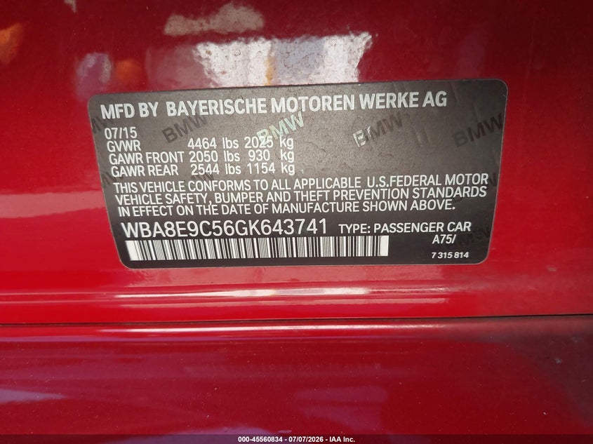 2016 BMW 3er VIN WBA8E9C56GK643741 IAAI salvage auction — FRONT END, Salvage (California), sold $2,700 on 2026-08-13 (photo 9)