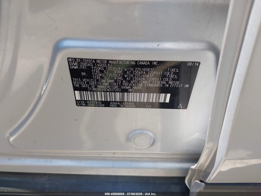 2014 Toyota Rav 4 VIN 2T3BFREV3EW227203 IAAI salvage auction — FRONT END, Salvage Title, sold $2,900 on 2026-07-30 (photo 9)