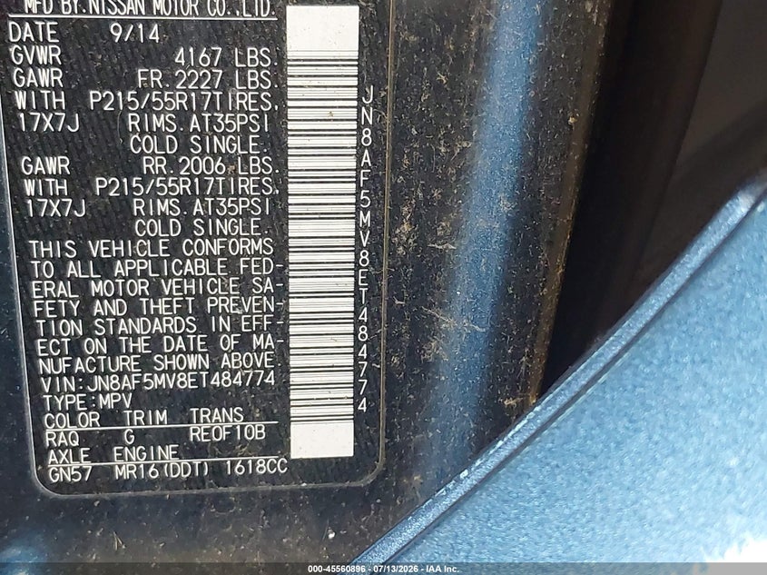 2014 Nissan Juke VIN JN8AF5MV8ET484774 IAAI salvage auction — NORMAL WEAR, Clear (Michigan), sold $25 on 2026-07-28 (photo 9)