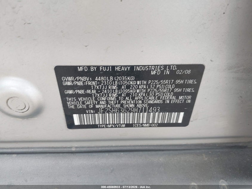 2009 Subaru Forester VIN JF2SH63629H711493 IAAI salvage auction — NORMAL WEAR, Clear - Dealer Only (California), sold $25 on 2026-07-21 (photo 9)