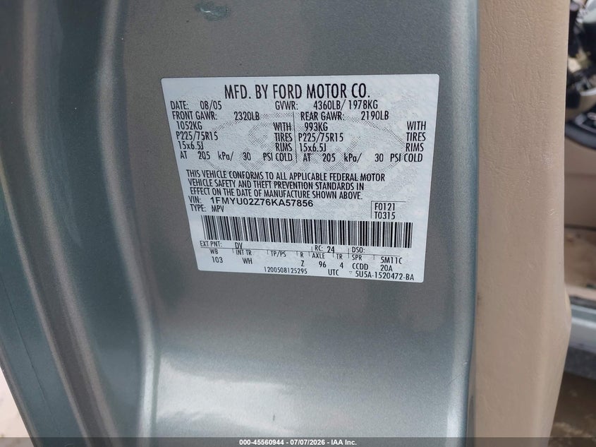 2006 Ford Escape VIN 1FMYU02Z76KA57856 IAAI salvage auction — FRONT END, Rebuildable (Florida), sold $350 on 2026-07-18 (photo 9)