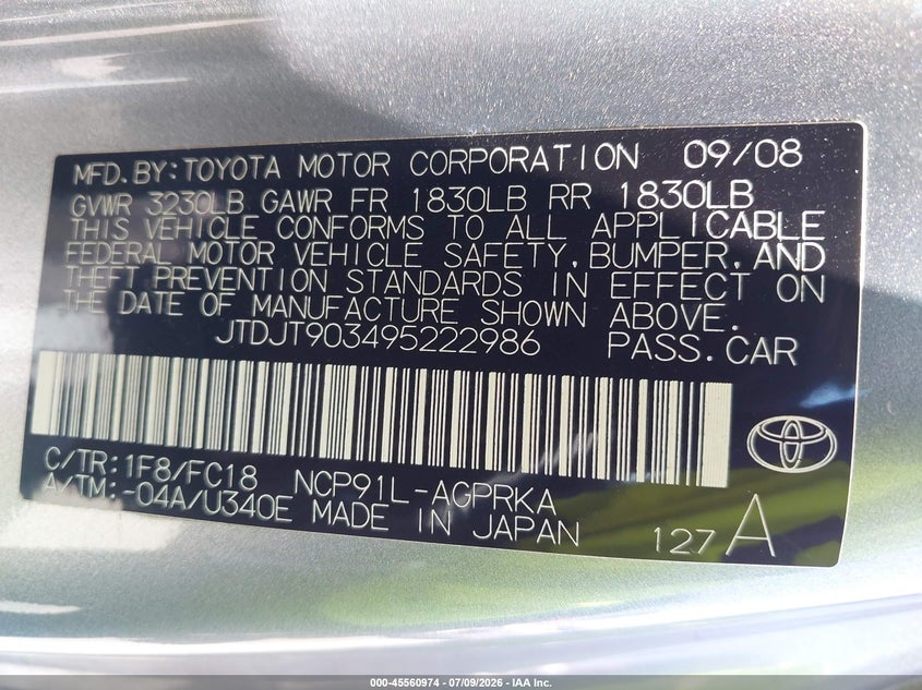 2009 Toyota Yaris VIN JTDJT903495222986 IAAI salvage auction — SIDE, Salvage (California), sold $1,075 on 2026-07-22 (photo 9)