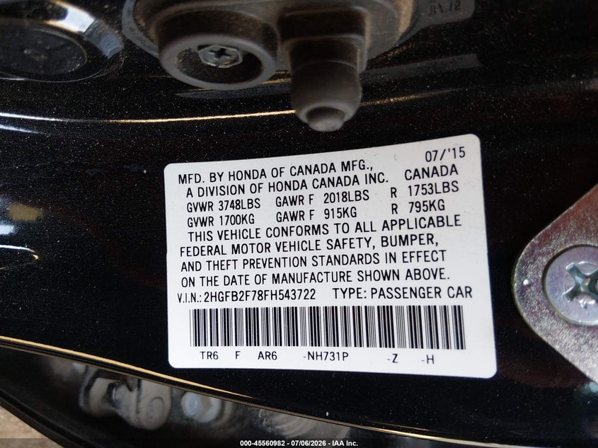 2015 Honda Civic VIN 2HGFB2F78FH543722 IAAI salvage auction — LEFT REAR, Salvage Title, sold $3,050 on 2026-08-02 (photo 9)