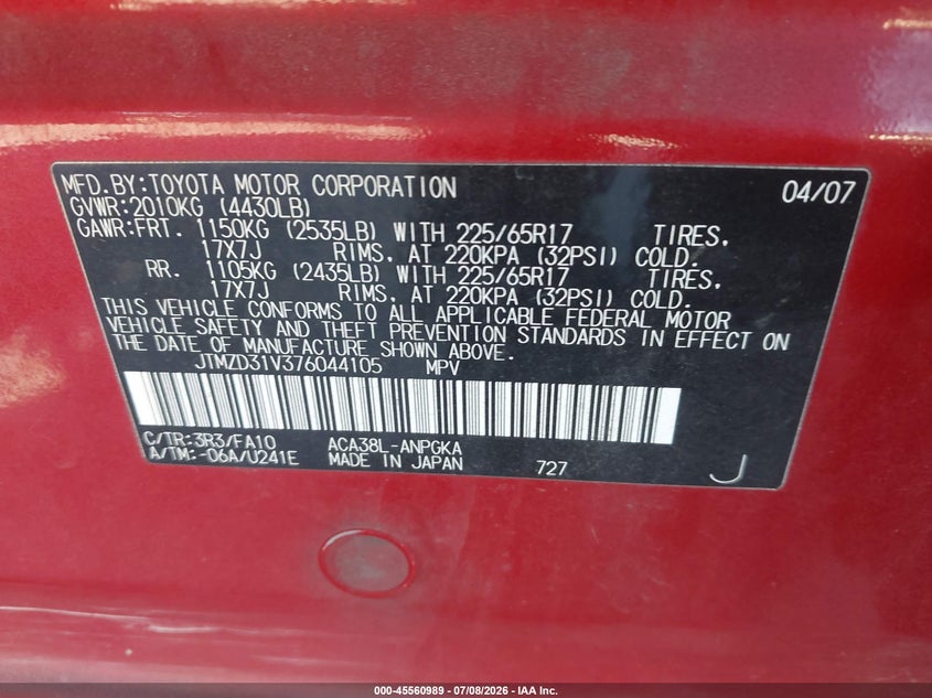 2007 Toyota Rav4 VIN JTMZD31V376044105 IAAI salvage auction — NORMAL WEAR, Clear - Dealer Only (California), sold $1,350 on 2026-07-16 (photo 9)