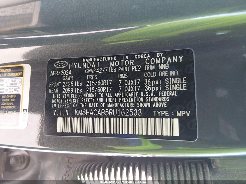 2024 Hyundai Kona VIN KM8HACAB5RU162533 IAAI salvage auction — NORMAL WEAR, SF97 (California), sold $25 on 2026-07-30 (photo 9)
