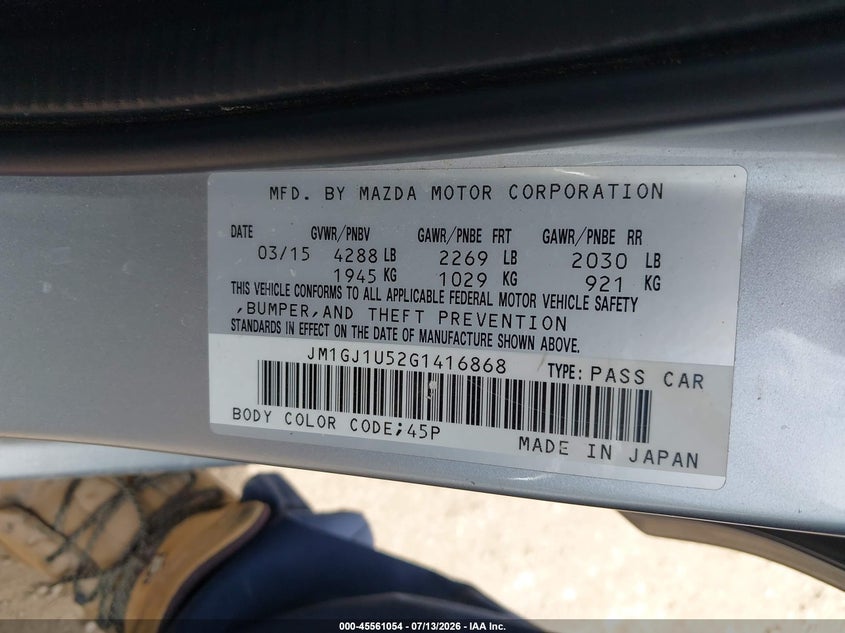 2016 Mazda 6 VIN JM1GJ1U52G1416868 IAAI salvage auction — REPOSSESSION, Nrc Lienholder Repossession Paperwork (Texas), sold $1,750 on 2026-07-29 (photo 9)