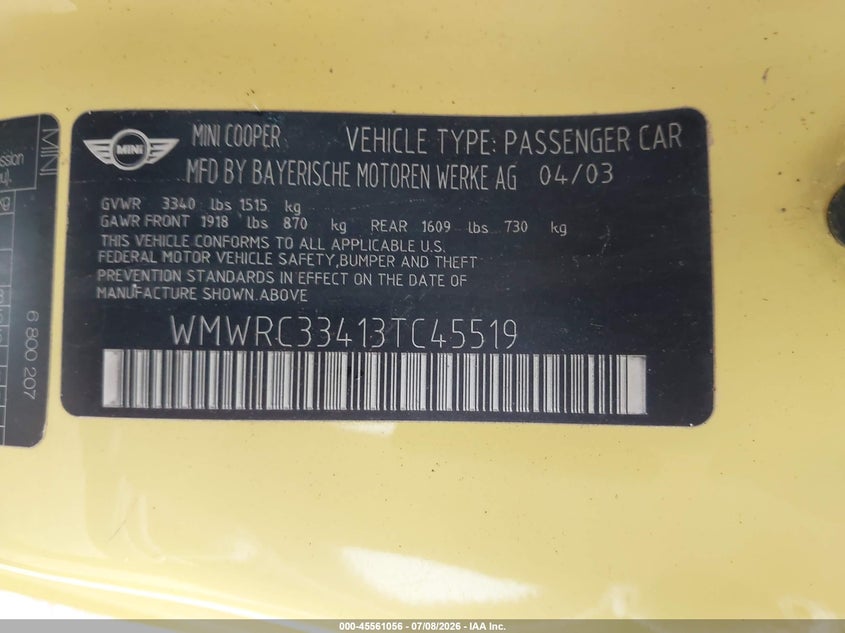 2003 Mini Cooper VIN WMWRC33413TC45519 IAAI salvage auction — FRONT END, Prior Salvage (Minnesota), sold $400 on 2026-09-17 (photo 9)