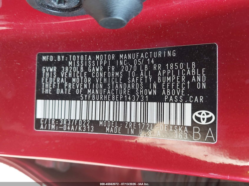 2014 Toyota Corolla VIN 5YFBURHE8EP143731 IAAI salvage auction — NORMAL WEAR, Original (Ohio), sold $2,650 on 2026-07-20 (photo 9)