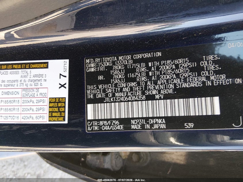2006 Scion Xb VIN JTLKT324064084358 IAAI salvage auction — NORMAL WEAR, Clear (Idaho), sold $800 on 2026-07-10 (photo 9)