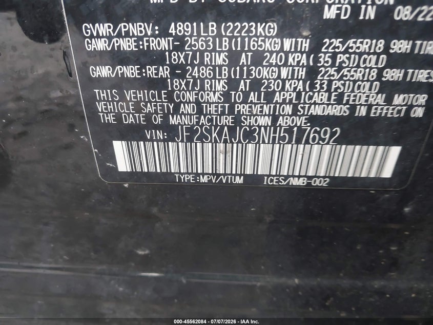2022 Subaru Forester VIN JF2SKAJC3NH517692 IAAI salvage auction — FRONT END, Mv-907A (New York), sold $3,250 on 2026-07-29 (photo 9)