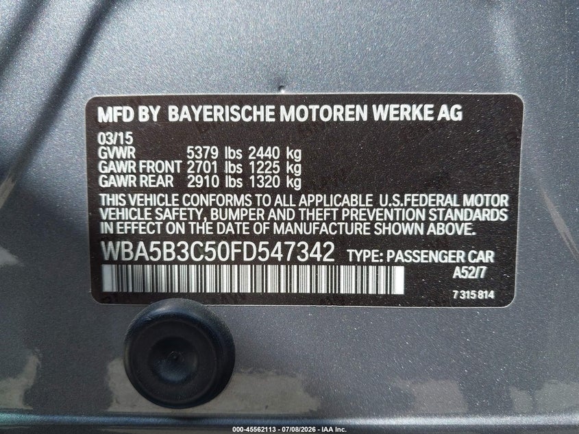 2015 BMW 5 series VIN WBA5B3C50FD547342 IAAI salvage auction — NORMAL WEAR, Original (Texas), sold $2,250 on 2026-07-29 (photo 9)