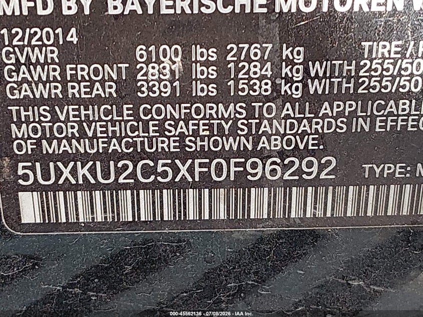 2015 BMW X6 VIN 5UXKU2C5XF0F96292 IAAI salvage auction — NORMAL WEAR, Original (Texas), sold $1,350 on 2026-07-29 (photo 9)