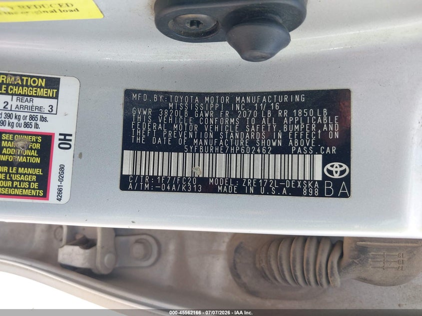 2017 Toyota Corolla VIN 5YFBURHE7HP602462 IAAI salvage auction — NORMAL WEAR, Original (Texas), sold $2,000 on 2026-07-29 (photo 9)
