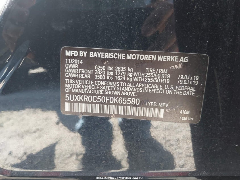 2015 BMW X5 VIN 5UXKR0C50F0K65580 IAAI salvage auction — NORMAL WEAR, Salvage (South Carolina), sold $3,550 on 2026-07-21 (photo 9)