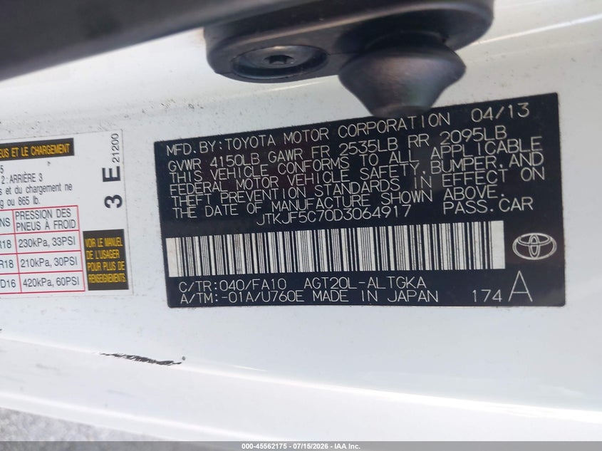 2013 Scion Tc VIN JTKJF5C70D3064917 IAAI salvage auction — NORMAL WEAR, Salvage Title, sold $325 on 2026-07-29 (photo 9)