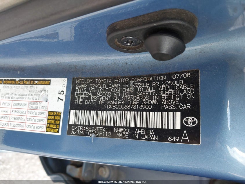 2008 Toyota Prius VIN JTDKB20U687813900 IAAI salvage auction — NORMAL WEAR, Clear (Montana), sold $25 on 2026-07-27 (photo 9)