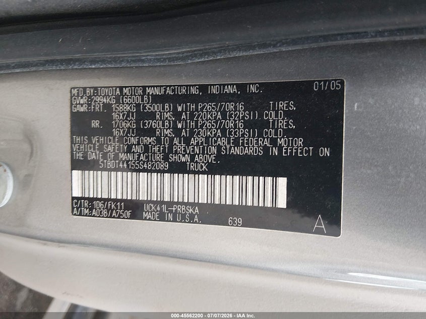2005 Toyota Tundra VIN 5TBDT44155S482089 IAAI salvage auction — NORMAL WEAR, Clear (Virginia), sold $1,100 on 2026-07-17 (photo 9)