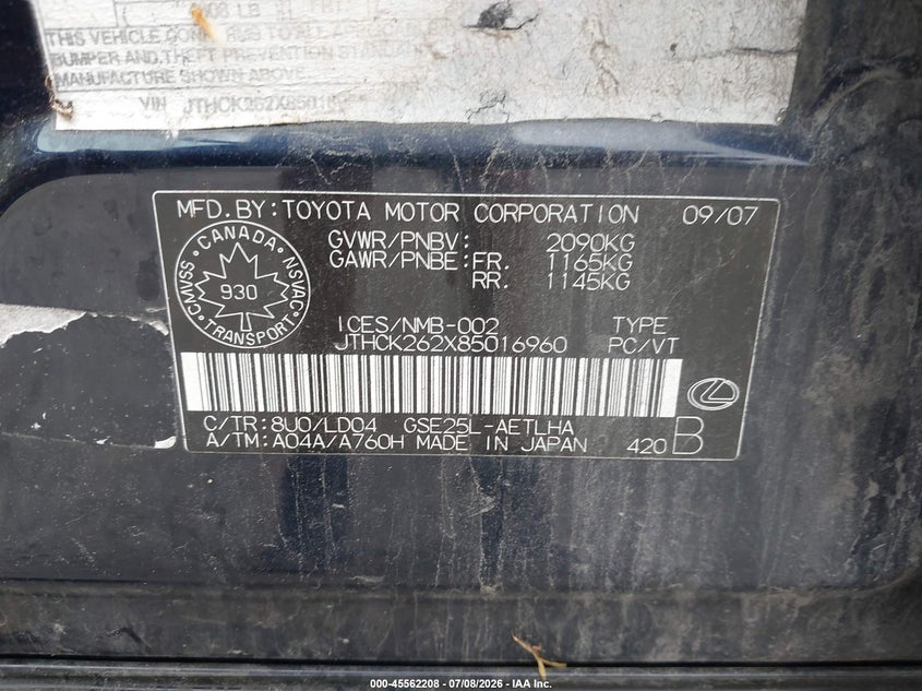 2008 Lexus Is 250 VIN JTHCK262X85016960 IAAI salvage auction — NORMAL WEAR, Clear (Washington), sold $325 on 2026-07-22 (photo 9)