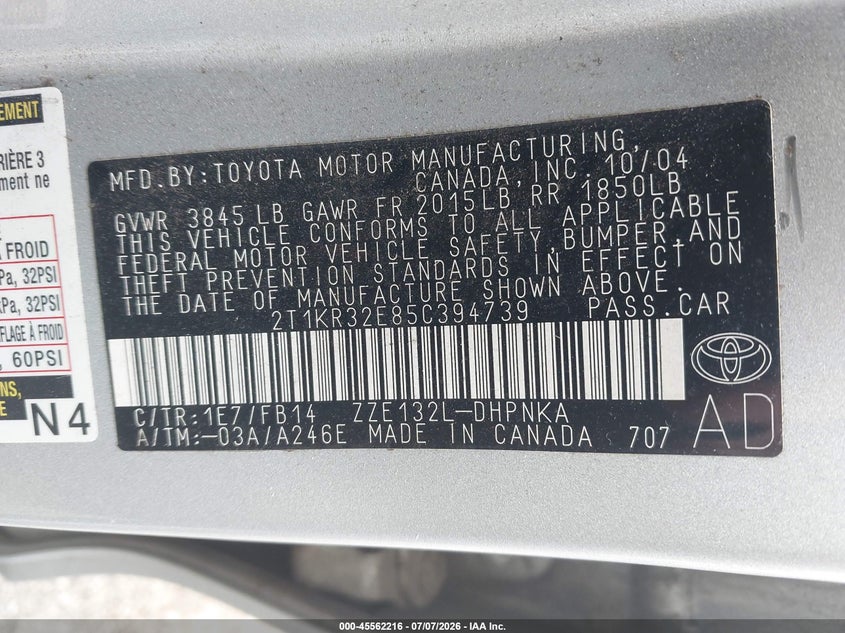 2005 Toyota Matrix VIN 2T1KR32E85C394739 IAAI salvage auction — NORMAL WEAR, Clear (New Jersey), sold $950 on 2026-07-09 (photo 9)