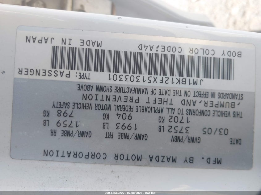 2005 Mazda 3 VIN JM1BK12FX51303301 IAAI salvage auction — NORMAL WEAR, Clear (Utah), sold $325 on 2026-07-16 (photo 9)