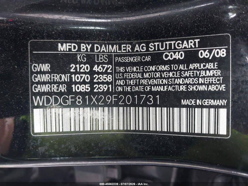 2009 Mercedes-benz C class VIN WDDGF81X29F201731 IAAI salvage auction — SIDE, Clear (Massachusetts), sold $500 on 2026-07-15 (photo 9)
