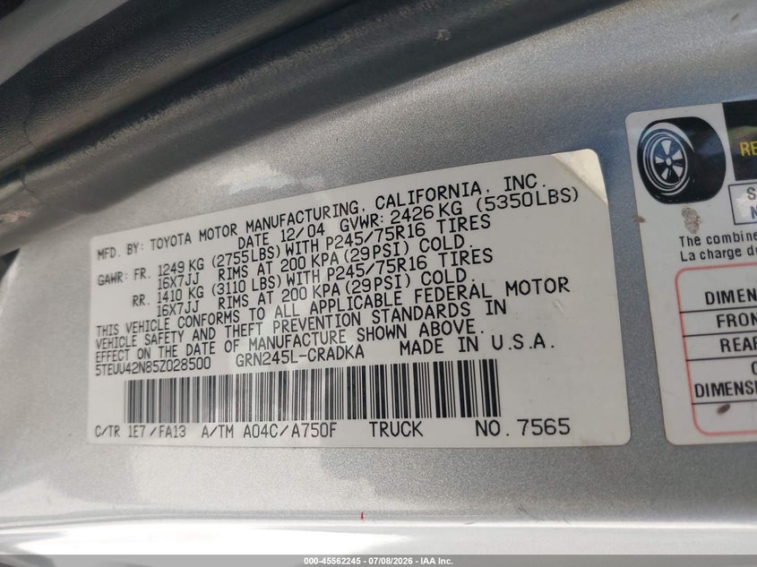 2005 Toyota Tacoma VIN 5TEUU42N85Z028500 IAAI salvage auction — FRONT END, Salvage (California), sold $3,600 on 2026-07-29 (photo 9)