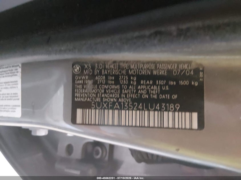 2004 BMW X5 VIN 5UXFA13524LU43189 IAAI salvage auction — NORMAL WEAR, Clear (Pennsylvania), sold $25 on 2026-07-30 (photo 9)