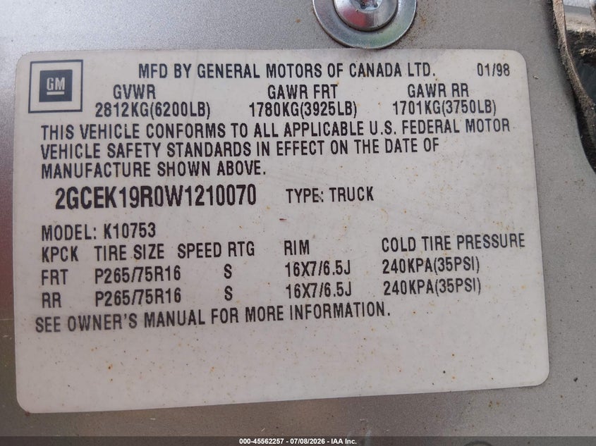 1998 Chevrolet C/k 1500 VIN 2GCEK19R0W1210070 IAAI salvage auction — NORMAL WEAR, Original (West Virginia), sold $325 on 2026-07-15 (photo 9)
