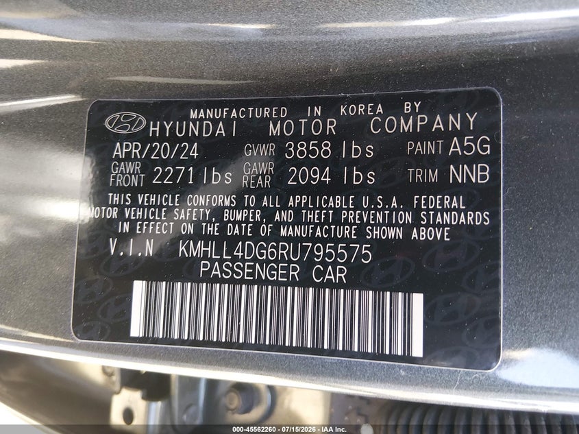2024 Hyundai Elantra VIN KMHLL4DG6RU795575 IAAI salvage auction — FRONT END, Salvage (California), sold $3,750 on 2026-08-01 (photo 9)