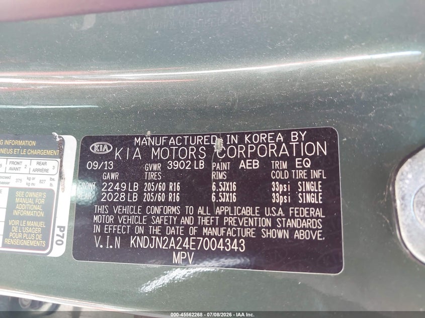 2014 Kia Soul VIN KNDJN2A24E7004343 IAAI salvage auction — NORMAL WEAR, Clear (Illinois), sold $975 on 2026-07-15 (photo 9)