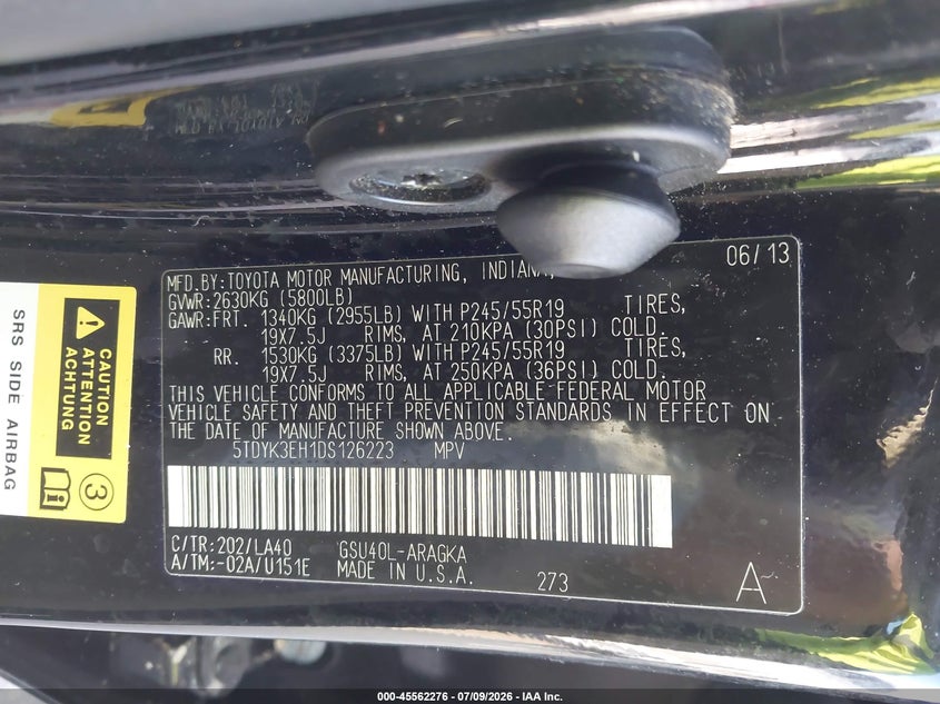 2013 Toyota Highlander VIN 5TDYK3EH1DS126223 IAAI salvage auction — NORMAL WEAR, Clear (Georgia), sold $5,250 on 2026-07-15 (photo 9)