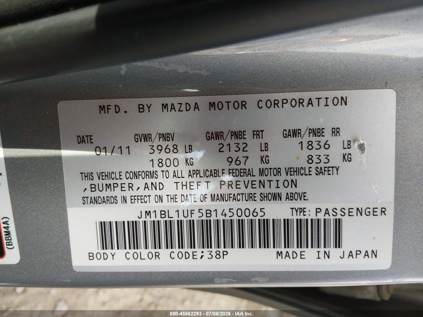 2011 Mazda 3 VIN JM1BL1UF5B1450065 IAAI salvage auction — NORMAL WEAR, Clear (Tennessee), sold $250 on 2026-07-23 (photo 9)