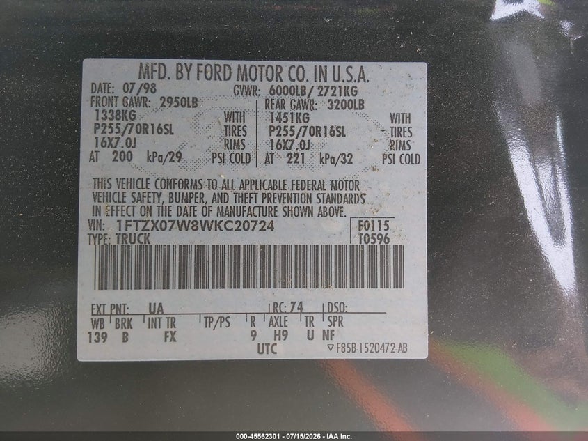 1998 Ford F-150 VIN 1FTZX07W8WKC20724 IAAI salvage auction — NORMAL WEAR, Peddle Clear Public-Restricted (Oregon), sold $400 on 2026-07-28 (photo 9)