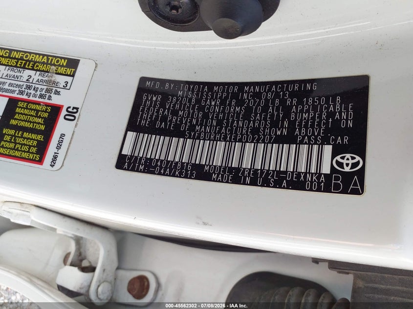2014 Toyota Corolla VIN 5YFBURHEXEP002207 IAAI salvage auction — NORMAL WEAR, Clear (Illinois), sold $2,225 on 2026-07-29 (photo 9)