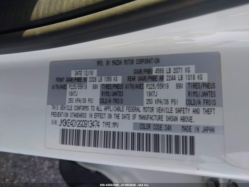 2016 Mazda Cx-5 VIN JM3KE4DY2G0913474 IAAI salvage auction — REAR END, Rebuildable (Florida), sold $2,450 on 2026-07-29 (photo 9)