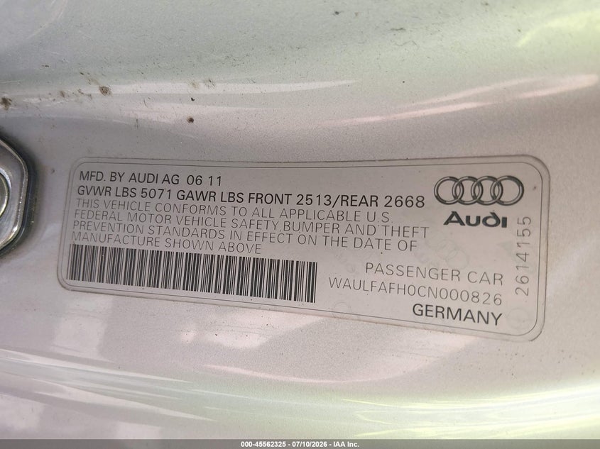 2012 Audi A5 VIN WAULFAFH0CN000826 IAAI salvage auction — NORMAL WEAR, Original (Ohio), sold $1,250 on 2026-07-29 (photo 9)