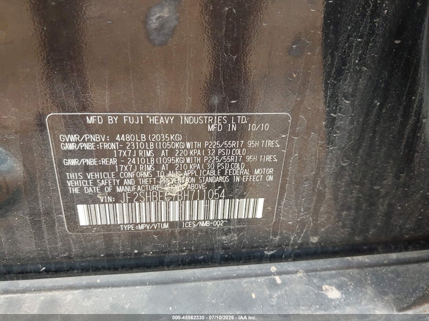2011 Subaru Forester VIN JF2SHBEC7BH711054 IAAI salvage auction — NORMAL WEAR, Clear (Missouri), sold $125 on 2026-07-27 (photo 9)
