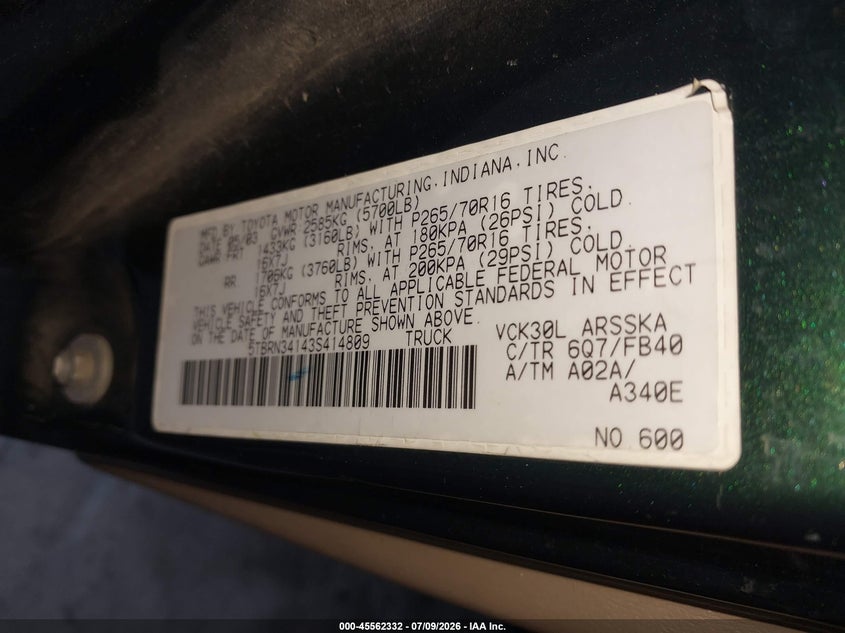2003 Toyota Tundra VIN 5TBRN34143S414809 IAAI salvage auction — NORMAL WEAR, Salvage (California), sold $25 on 2026-07-21 (photo 9)