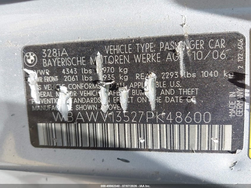 2007 BMW 3 series VIN WBAWV13527PK48600 IAAI salvage auction — NORMAL WEAR, Clear - Dealer Only (California), sold $350 on 2026-07-30 (photo 9)