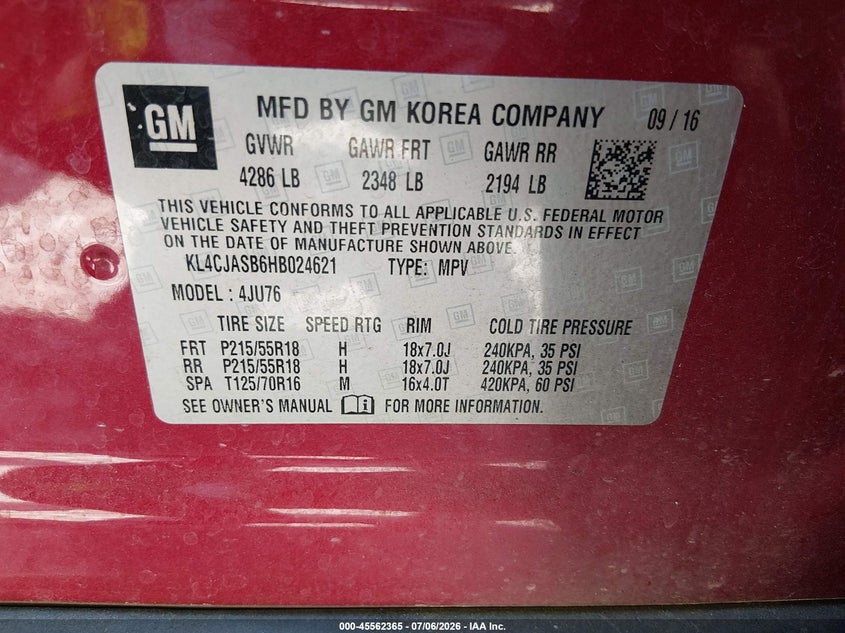 2017 Buick Encore VIN KL4CJASB6HB024621 IAAI salvage auction — NORMAL WEAR, Clear (Georgia), sold $1,375 on 2026-07-31 (photo 9)