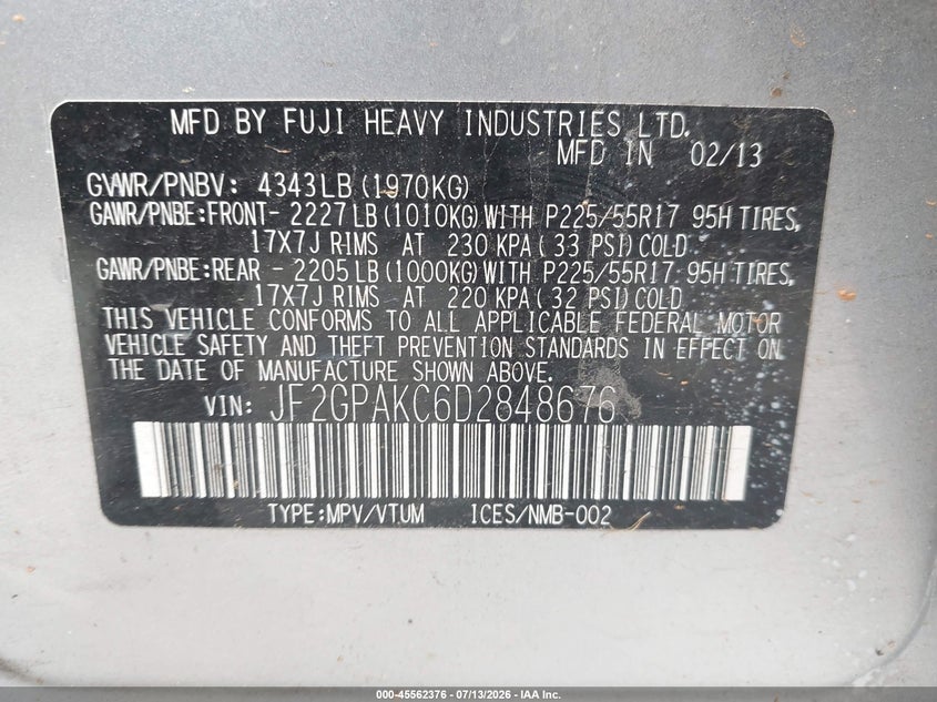 2013 Subaru Xv VIN JF2GPAKC6D2848676 IAAI salvage auction — NORMAL WEAR, Clear-Dealer Only (Idaho), sold $1,600 on 2026-07-22 (photo 9)
