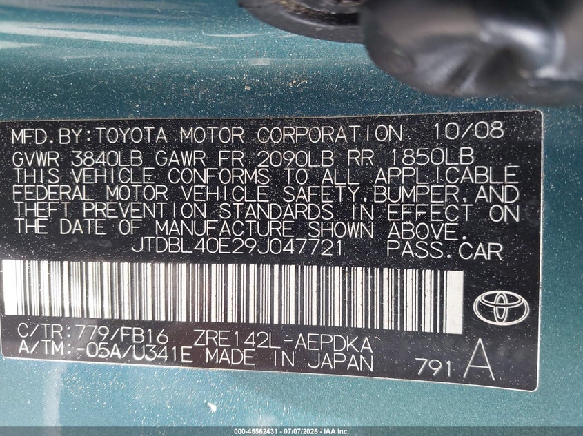 2009 Toyota Corolla VIN JTDBL40E29J047721 IAAI salvage auction — NORMAL WEAR, Clear (Georgia), sold $775 on 2026-07-29 (photo 9)