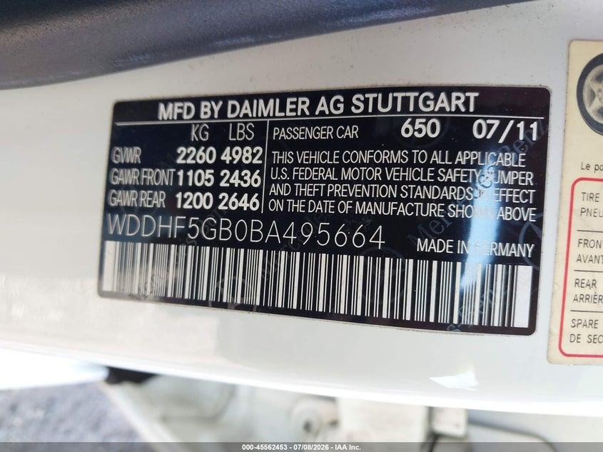 2011 Mercedes-benz E-klasse VIN WDDHF5GB0BA495664 IAAI salvage auction — LEFT FRONT, Rebuildable (Florida), sold $2,350 on 2026-07-28 (photo 9)