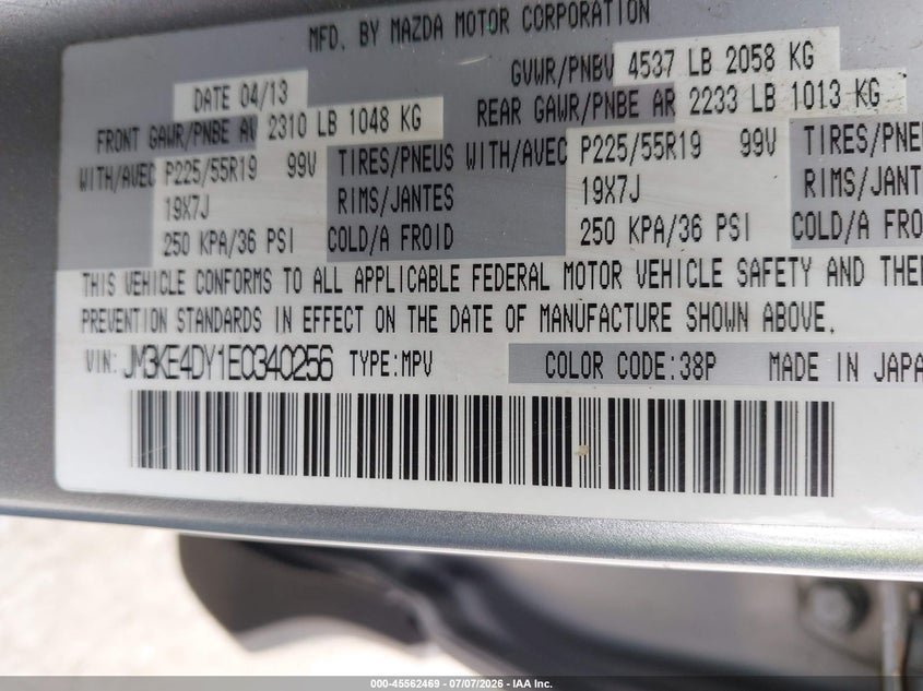 2014 Mazda Cx-5 VIN JM3KE4DY1E0340256 IAAI salvage auction — NORMAL WEAR, Original (Maine), sold $3,600 on 2026-07-13 (photo 9)
