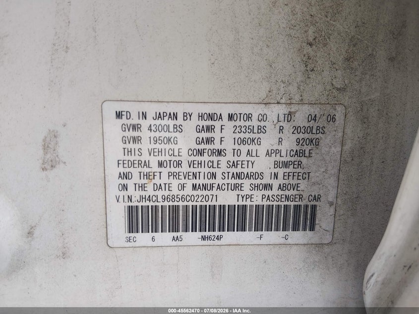 2006 Acura Tsx VIN JH4CL96856C022071 IAAI salvage auction — NORMAL WEAR, Clear (Tennessee), sold $250 on 2026-07-30 (photo 9)
