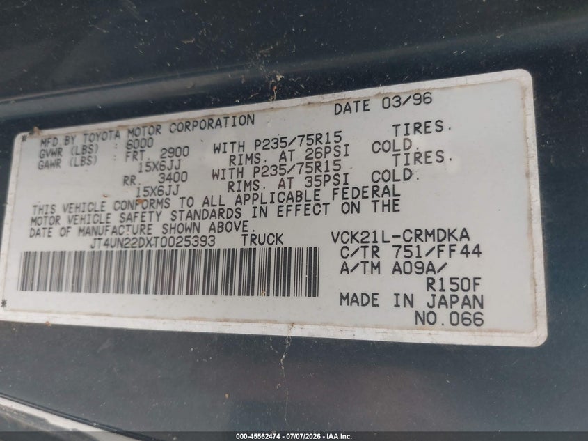 1996 Toyota T100 VIN JT4UN22DXT0025393 IAAI salvage auction — NORMAL WEAR, Clear (Virginia), sold $2,700 on 2026-07-14 (photo 9)