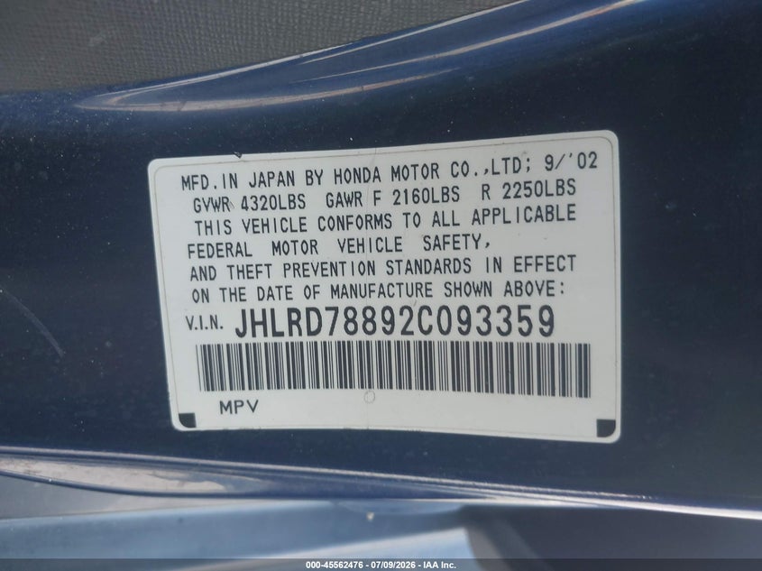 2002 Honda Cr-v VIN JHLRD78892C093359 IAAI salvage auction — NORMAL WEAR, Clear - Dealer Only (California), sold $450 on 2026-07-29 (photo 9)